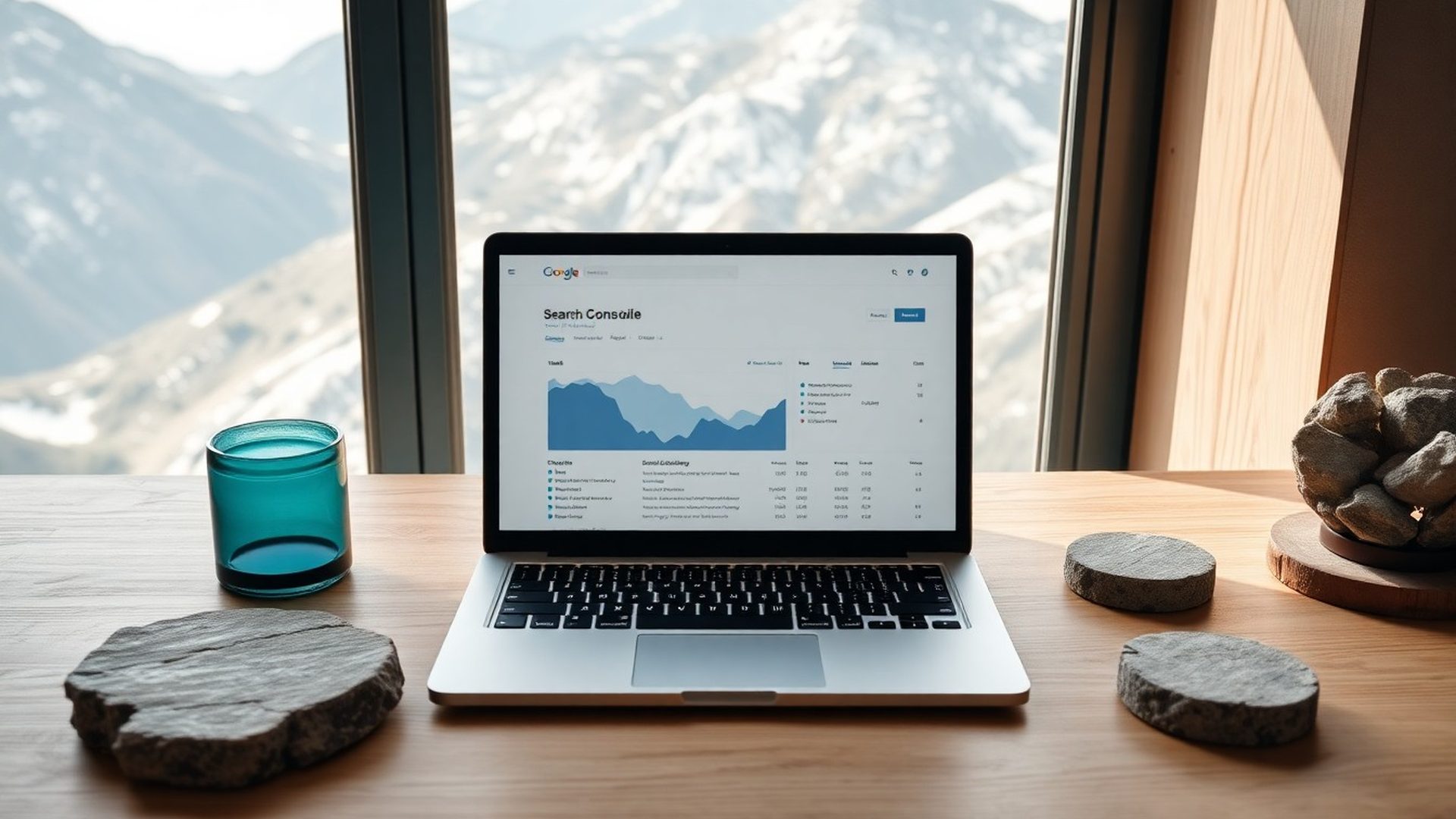 Google Search Console podatki na prenosnem računalniku v svetli pisarni